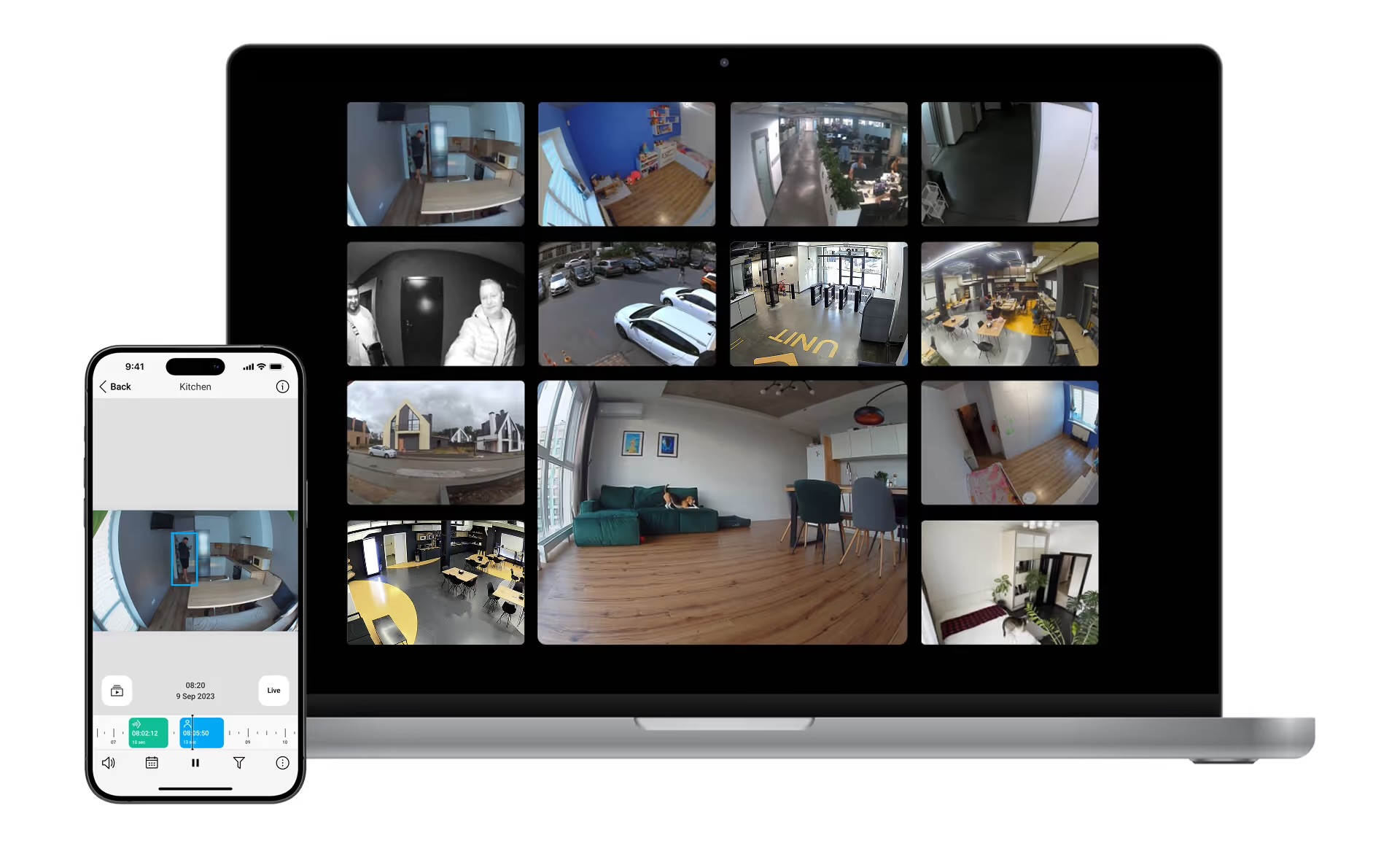Videosorveglianza visualizzata da laptop e smartphone