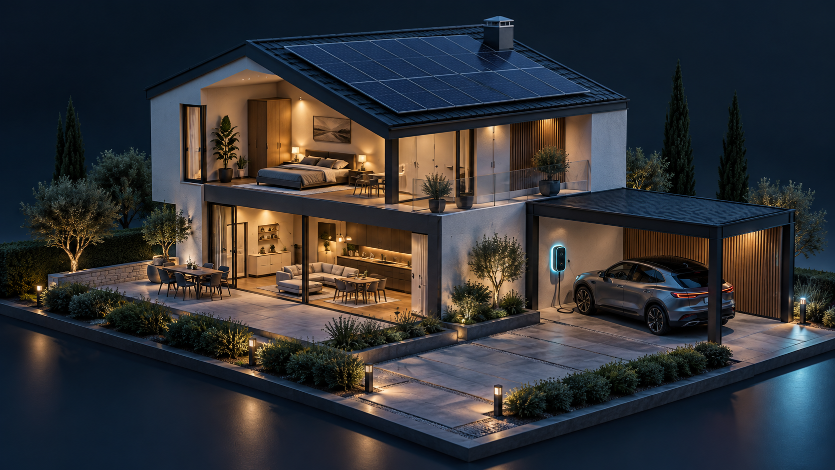 Illustrazione di una casa con pannelli fotovoltaici e wallbox per la ricarica dell’auto