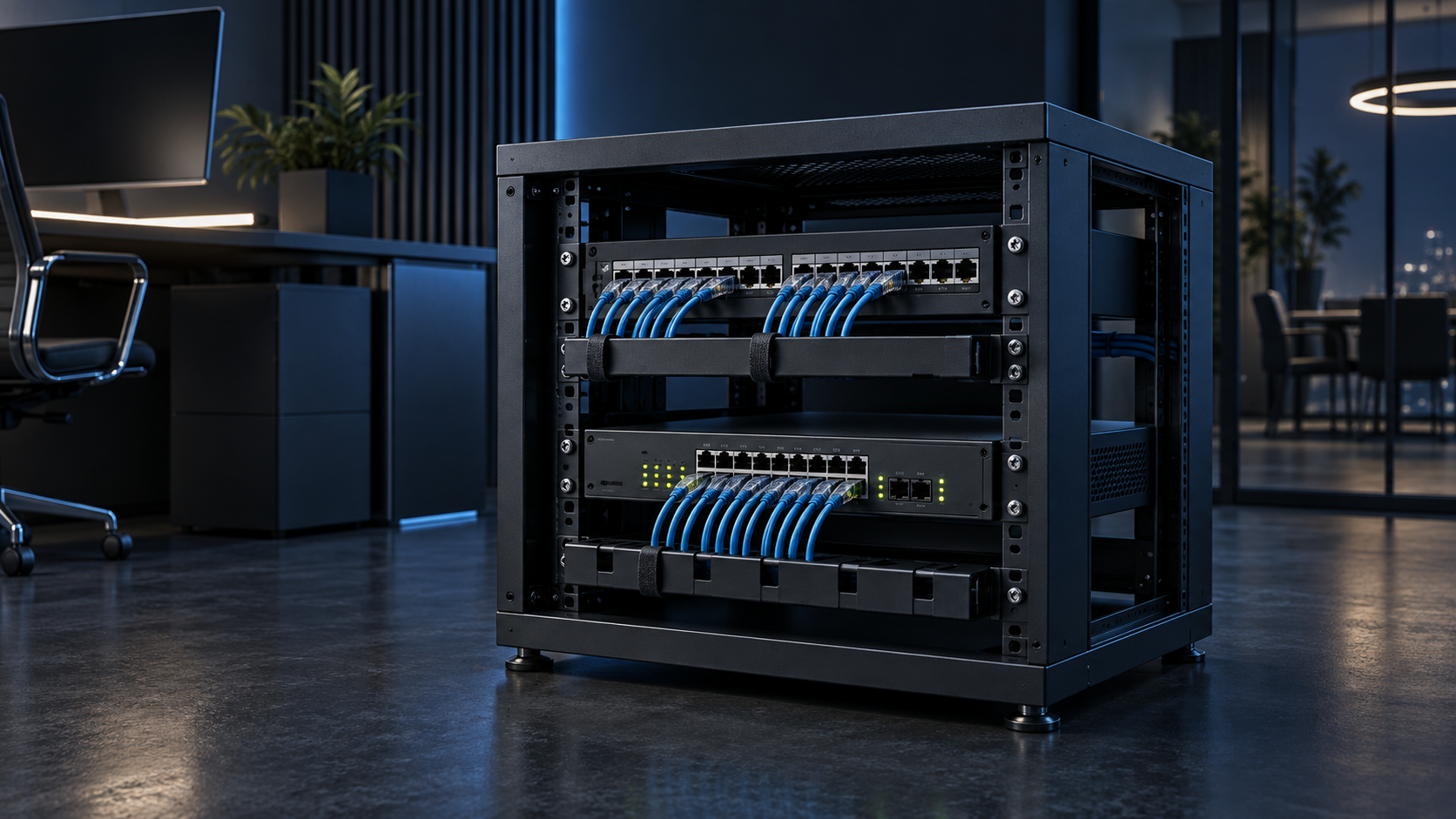 Illustrazione di un armadio rack con switch e cablaggio LAN ordinato in un ufficio