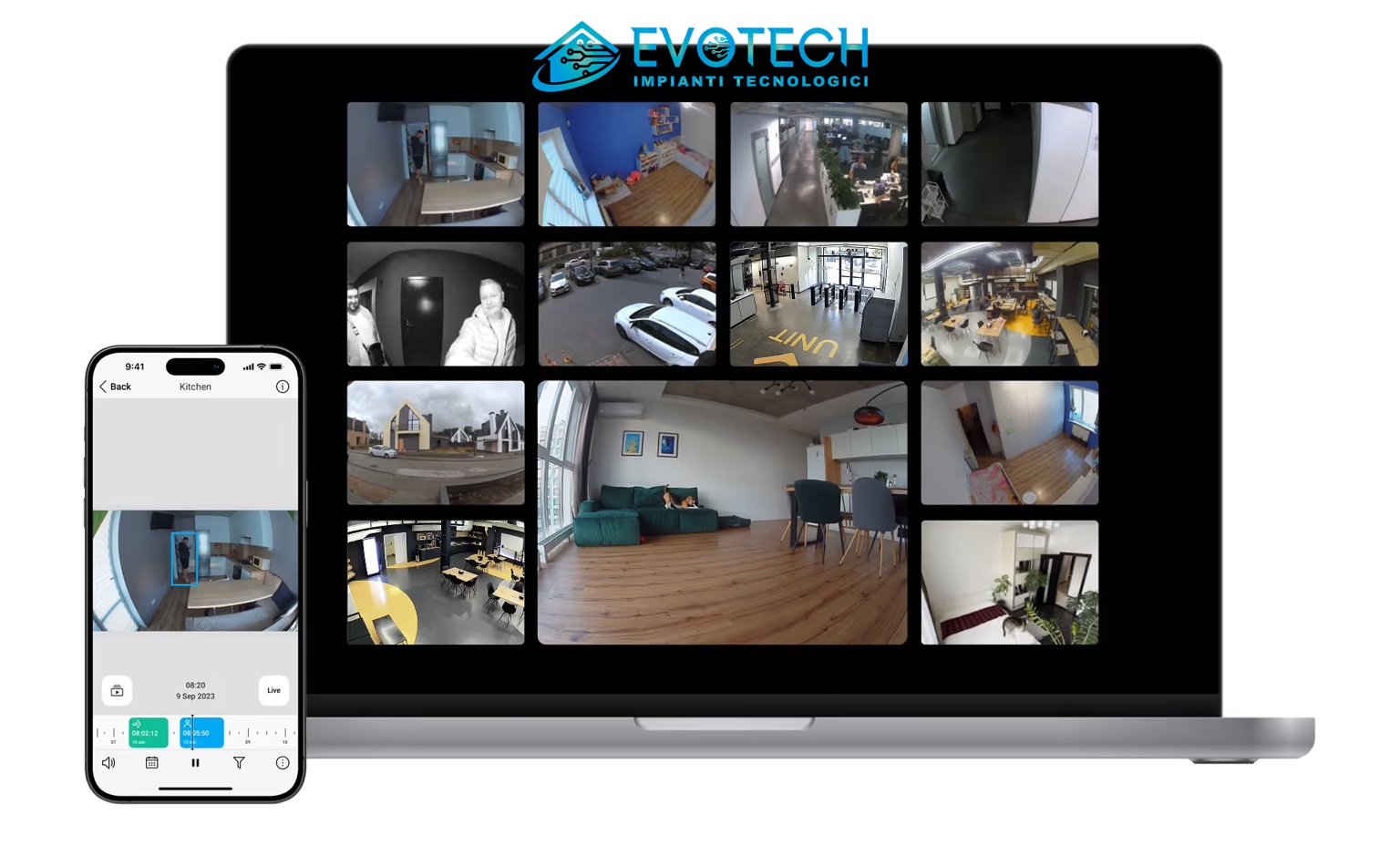 Videosorveglianza Evotech visualizzata su computer e smartphone
